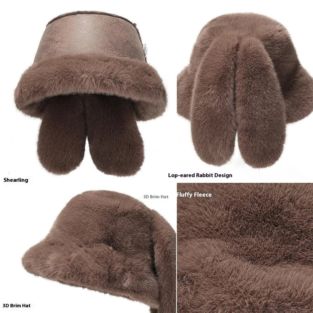 Winter Faux Mink Fur Bucket Cap with Rabbit Ears Outdoor Windproof Fleece Lined Fisherman Hat - Brown - 3