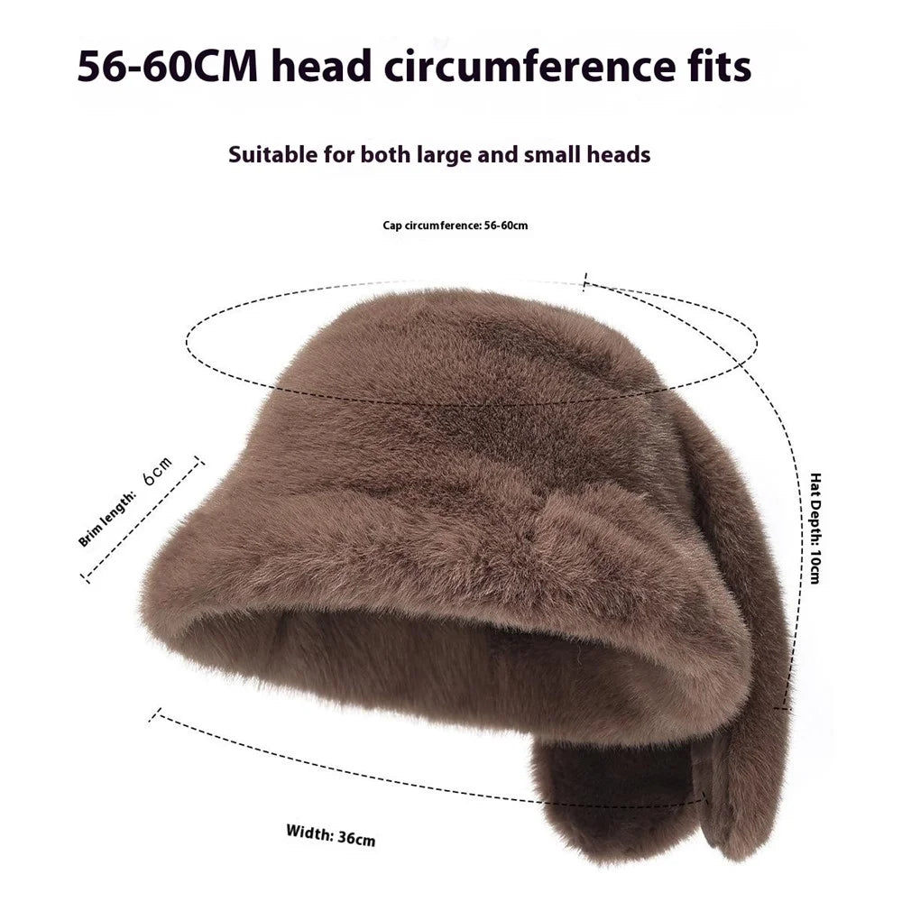 Winter Faux Mink Fur Bucket Cap with Rabbit Ears Outdoor Windproof Fleece Lined Fisherman Hat - Brown - 4