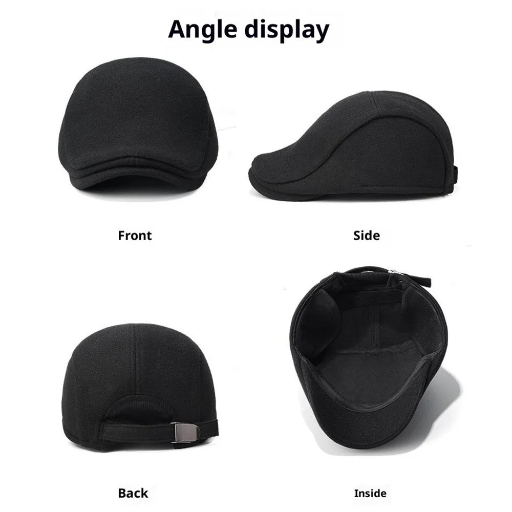 2025d124 Artist Beret Hat with Foldable Earflaps Wide Brim Peaked Cap Winter Thermal Driver Hat - Black - 5