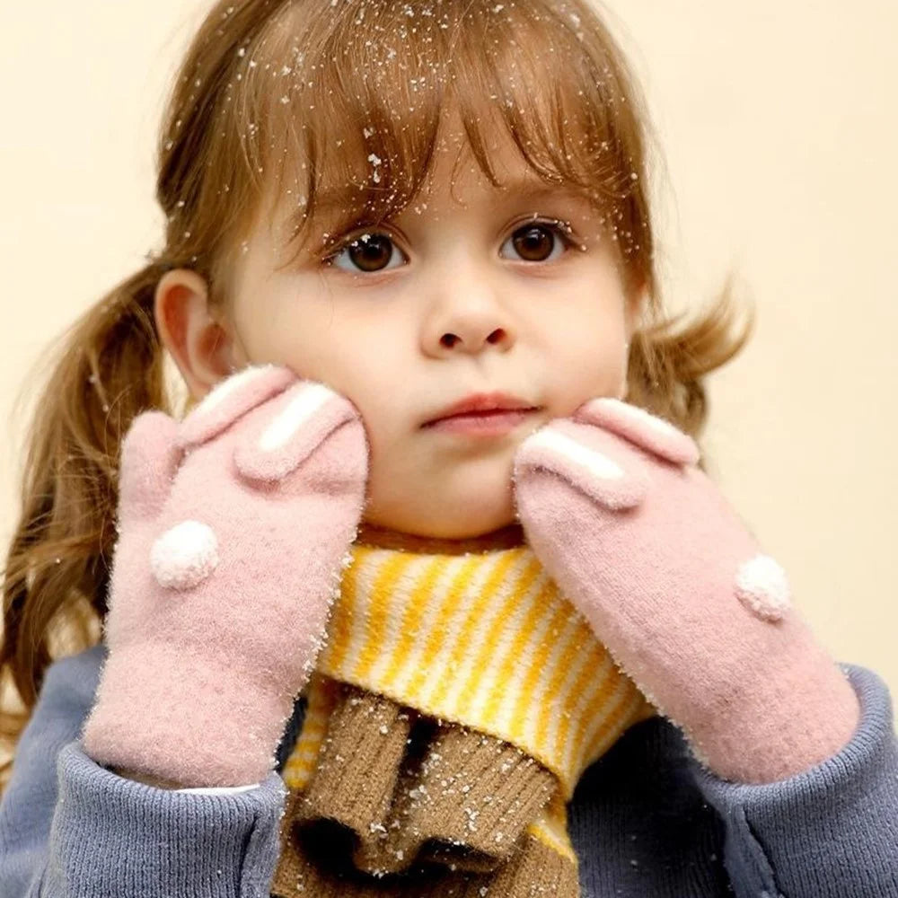 DRST26 Winter Gloves for Children 2-6 Years Old Thick Fleece Lined Cute Rabbit Ears and Tail Mittens with Neck Strap - Deep Pink - 3