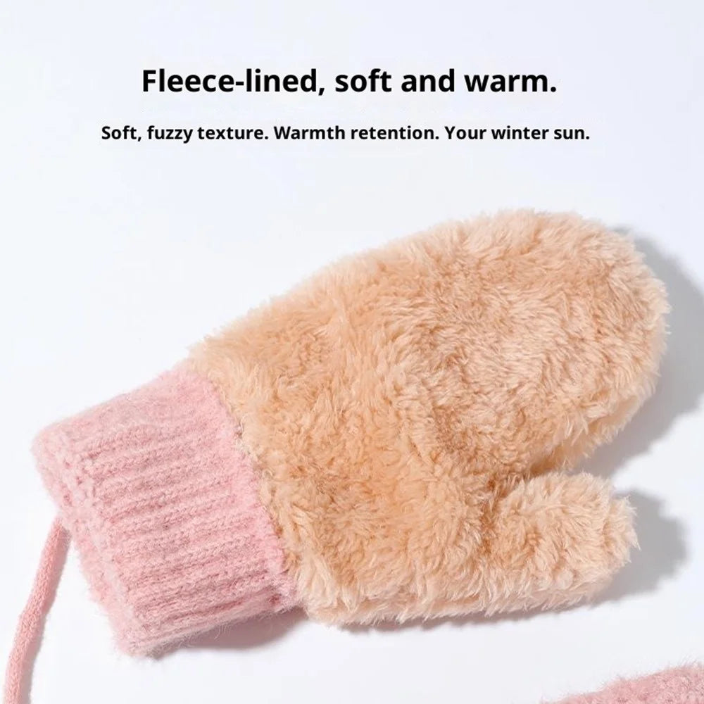 DRST26 Winter Gloves for Children 2-6 Years Old Thick Fleece Lined Cute Rabbit Ears and Tail Mittens with Neck Strap - Deep Pink - 6