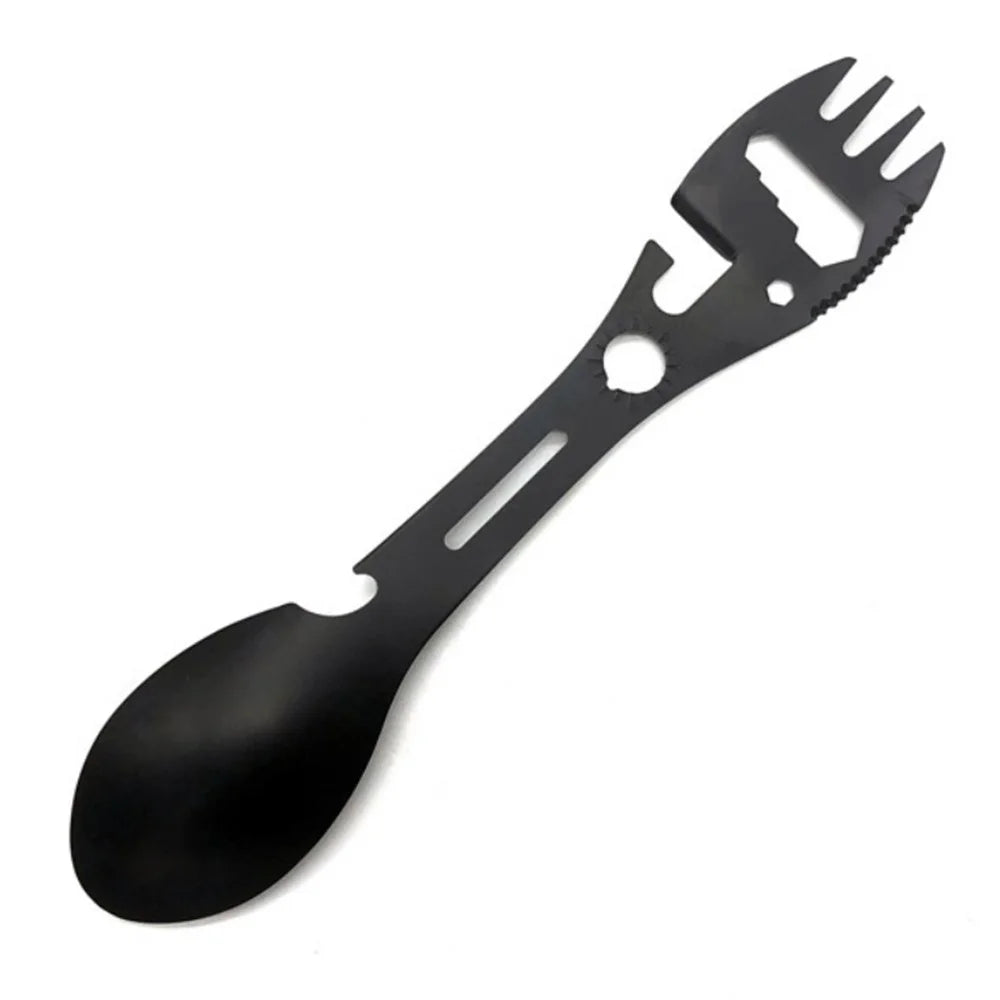 Stainless Steel Camping Spoon Fork Knife Wine Bottle Opener (BPA-Free, No FDA Certified) - Black - 1