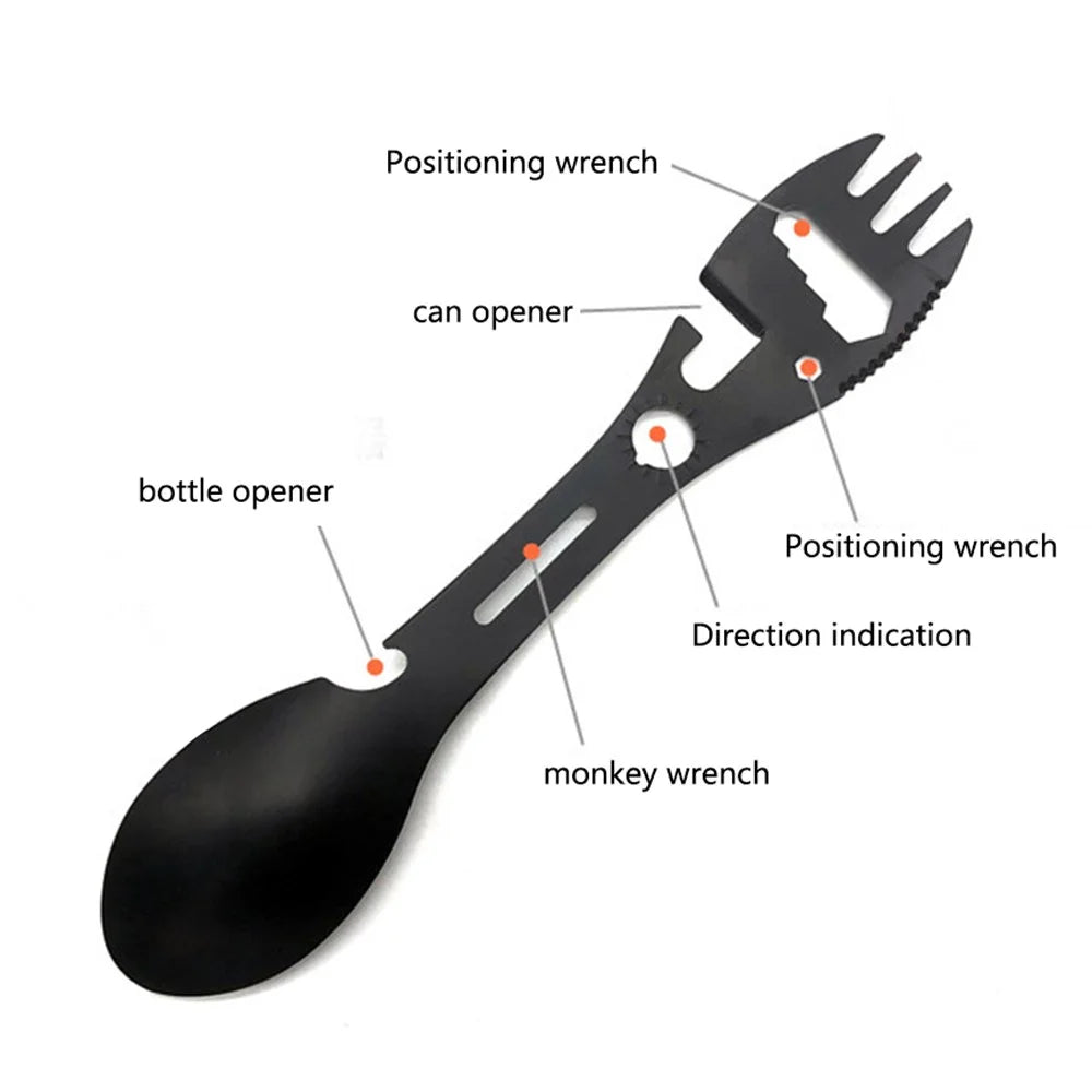 Stainless Steel Camping Spoon Fork Knife Wine Bottle Opener (BPA-Free, No FDA Certified) - Black - 3