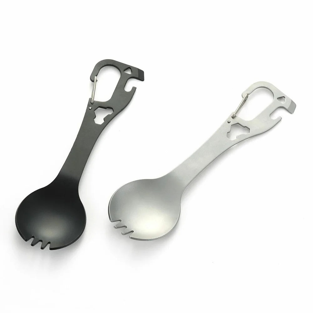 DIY058 2-in-1 Spoon Fork 420 Stainless Steel Outdoor Camping Cutlery Bottle Opener Tool (No FDA, BPA Free) - Black - 4