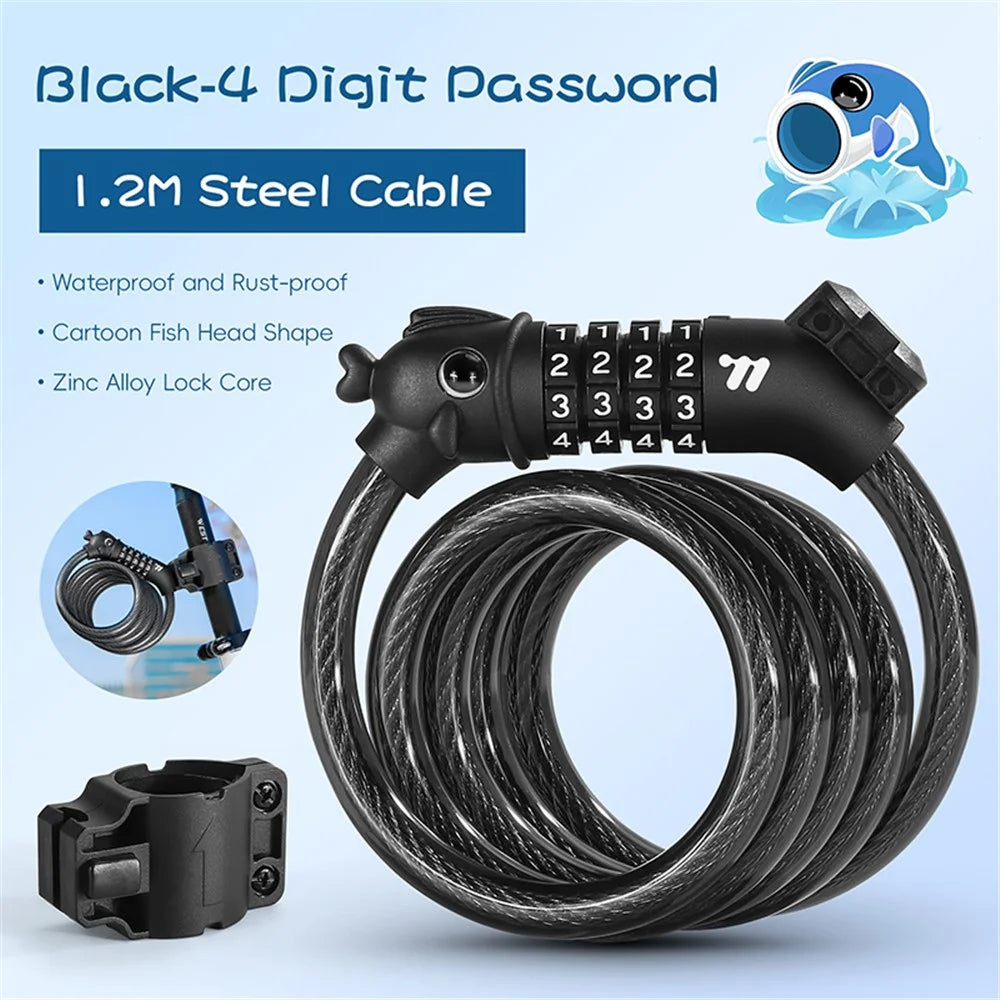 WEST BIKING 0705107B0000 Cartoon Fish Head 1.2m 4-Digit Combination Lock Anti-Theft Steel Cable Bike Lock - 3