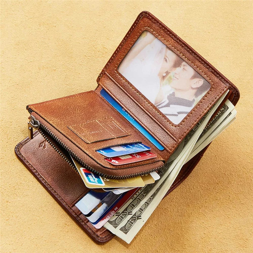 DANTE 05510 RFID Blocking Retro Top Layer Cowhide Men Short Wallet Coin Card Holder with Zipper Pocket - Brown - 3