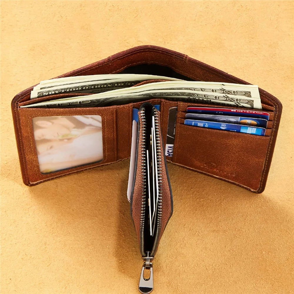 DANTE 05510 RFID Blocking Retro Top Layer Cowhide Men Short Wallet Coin Card Holder with Zipper Pocket - Brown - 4