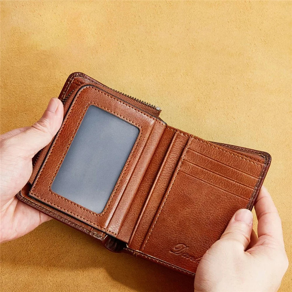 DANTE 05510 RFID Blocking Retro Top Layer Cowhide Men Short Wallet Coin Card Holder with Zipper Pocket - Brown - 5