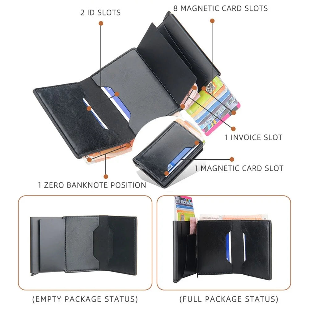 BAELLERRY K9140 Automatic Pop Up Aluminum Alloy Card Case RFID Blocking PU Leather Credit Card Holder Wallet - Black - 3
