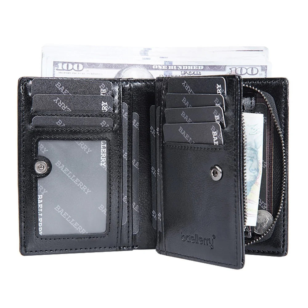 BAELLERRY D3213 Vintage Men PU Leather Short Wallet Cash Card Holder Zipper Coin Purse - Black - 4