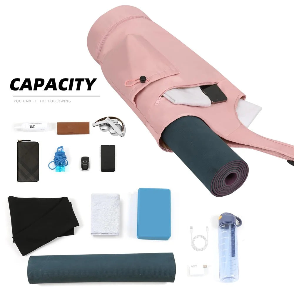 Yoga Mat Carrier Bag Large Opening Polyester Gym Bag with Waterproof Pocket and Drawstring Water Bottle Holder - Pink - 4