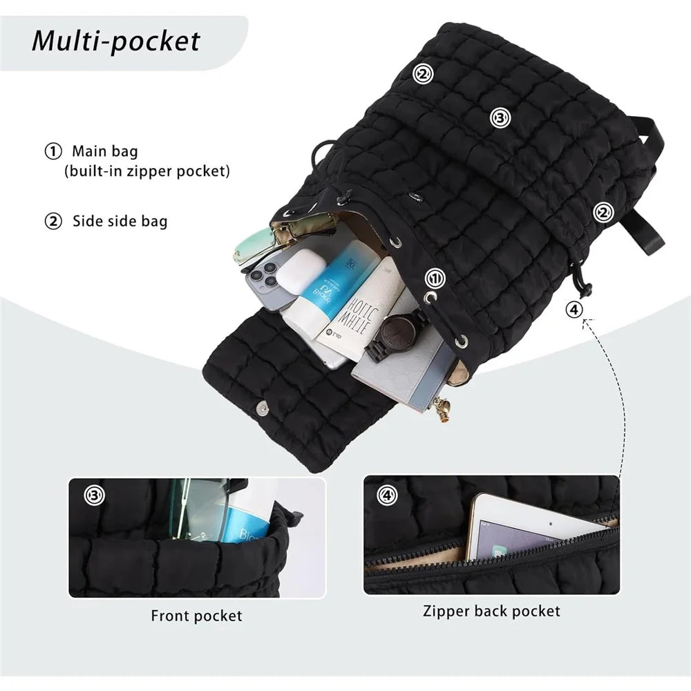 Women Down Plaid Backpack Crinkle Design Large Capacity Lightweight Travel Bag - Black - 6