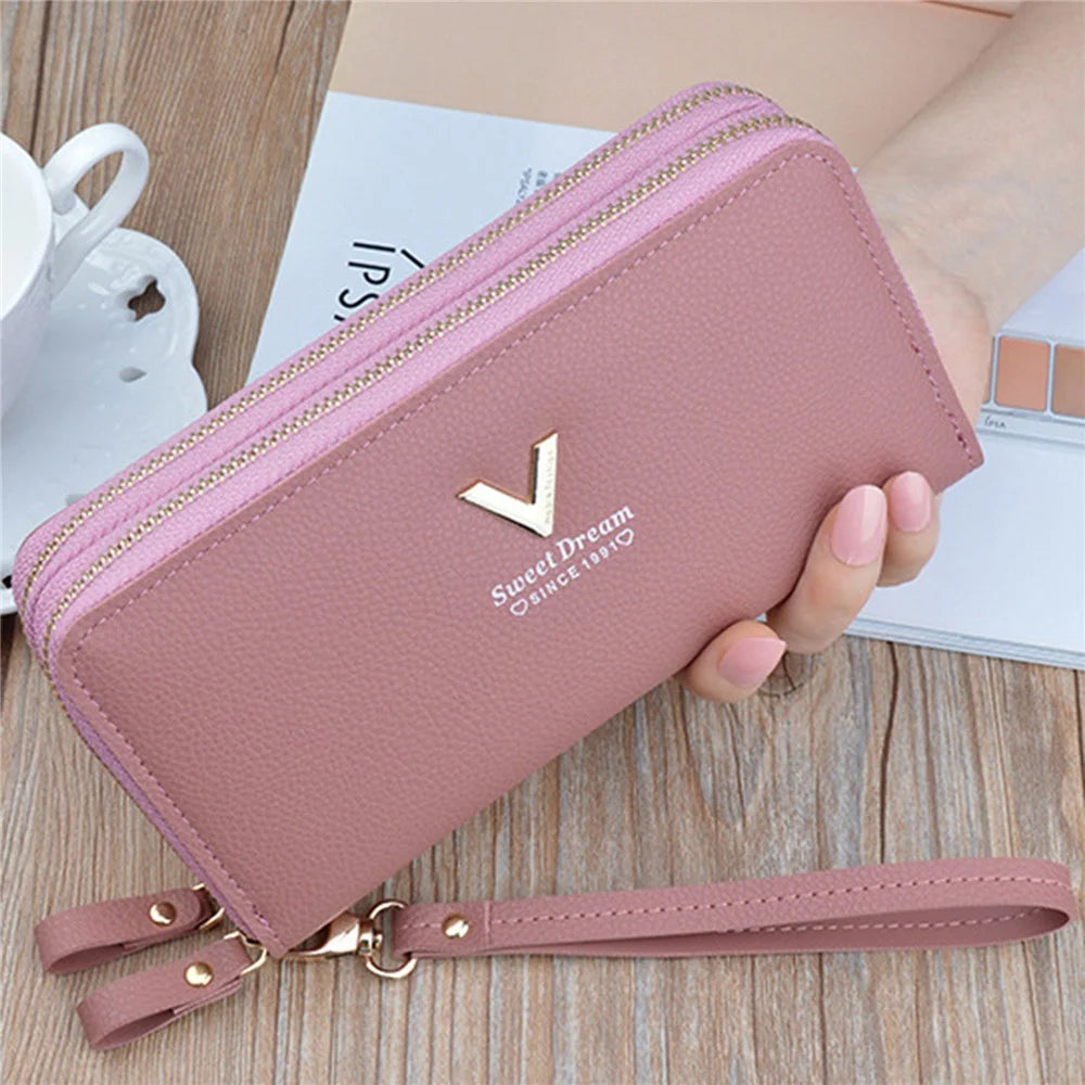 Y-7001 PU Leather Women Long Purse Dual Layer Zipper Clutch Cellphone Wallet - Pink - 1