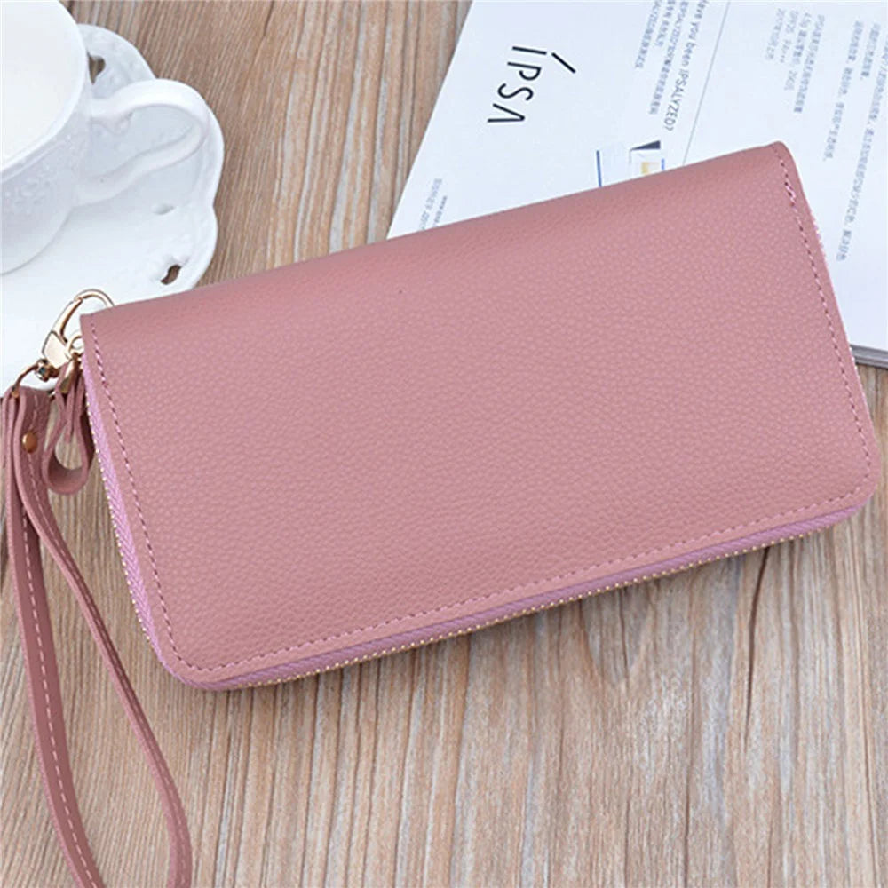 Y-7001 PU Leather Women Long Purse Dual Layer Zipper Clutch Cellphone Wallet - Pink - 4