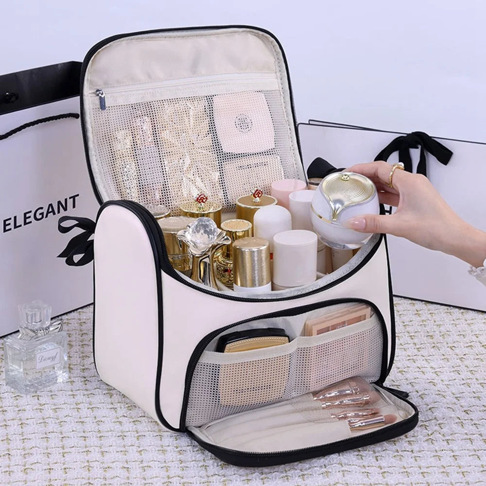 8090 PU Leather Travel Makeup Storage Bag Large Capacity Cosmetic Case Portable Skincare Organizer - White - 5