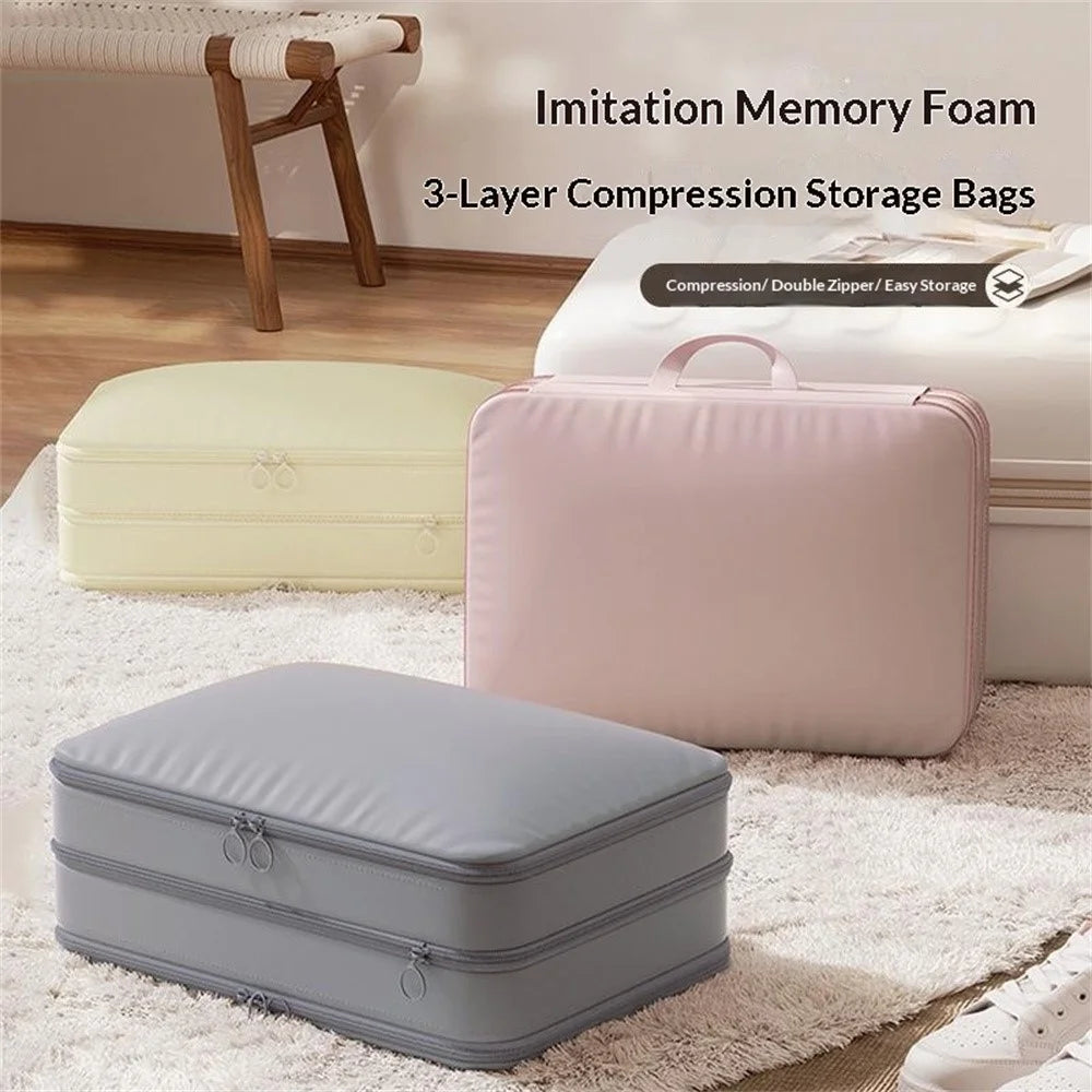 Size M 3-Layer Compression Storage Bag Imitation Memory Fabric Travel Packing Cubes Expandable Luggage Organizer - Grey - 7