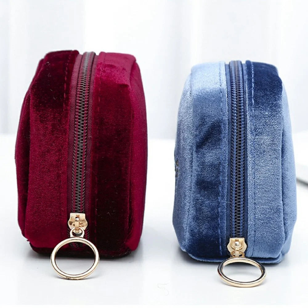 10x10x5cm Mini Velvet Cosmetic Bag Waterproof Lipstick Pouch Magic Tape Zipper Makeup Organizer for Travel - Wine Red - 3