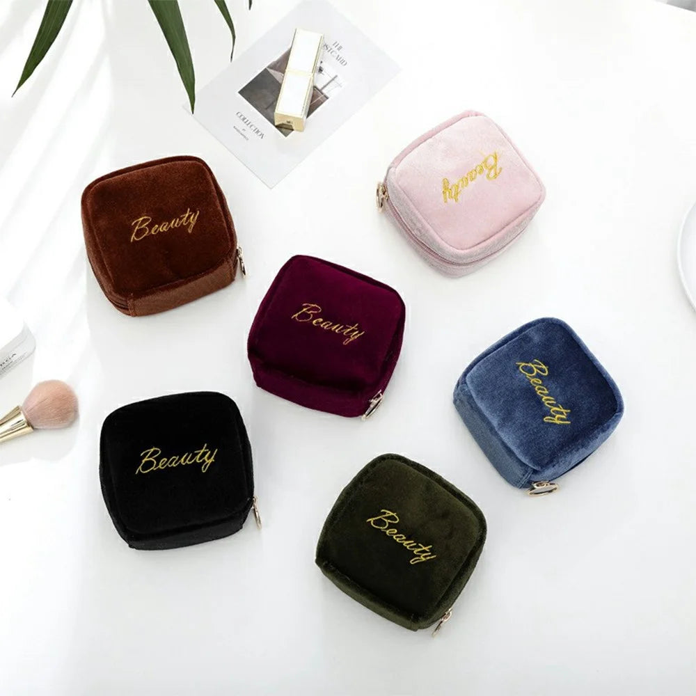 10x10x5cm Mini Velvet Cosmetic Bag Waterproof Lipstick Pouch Magic Tape Zipper Makeup Organizer for Travel - Wine Red - 5