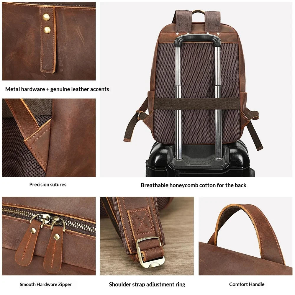 2360 Genuine Cow Leather Backpack for 15 inch Laptop Business Travel Bag with Multi-compartment - Coffee - 4