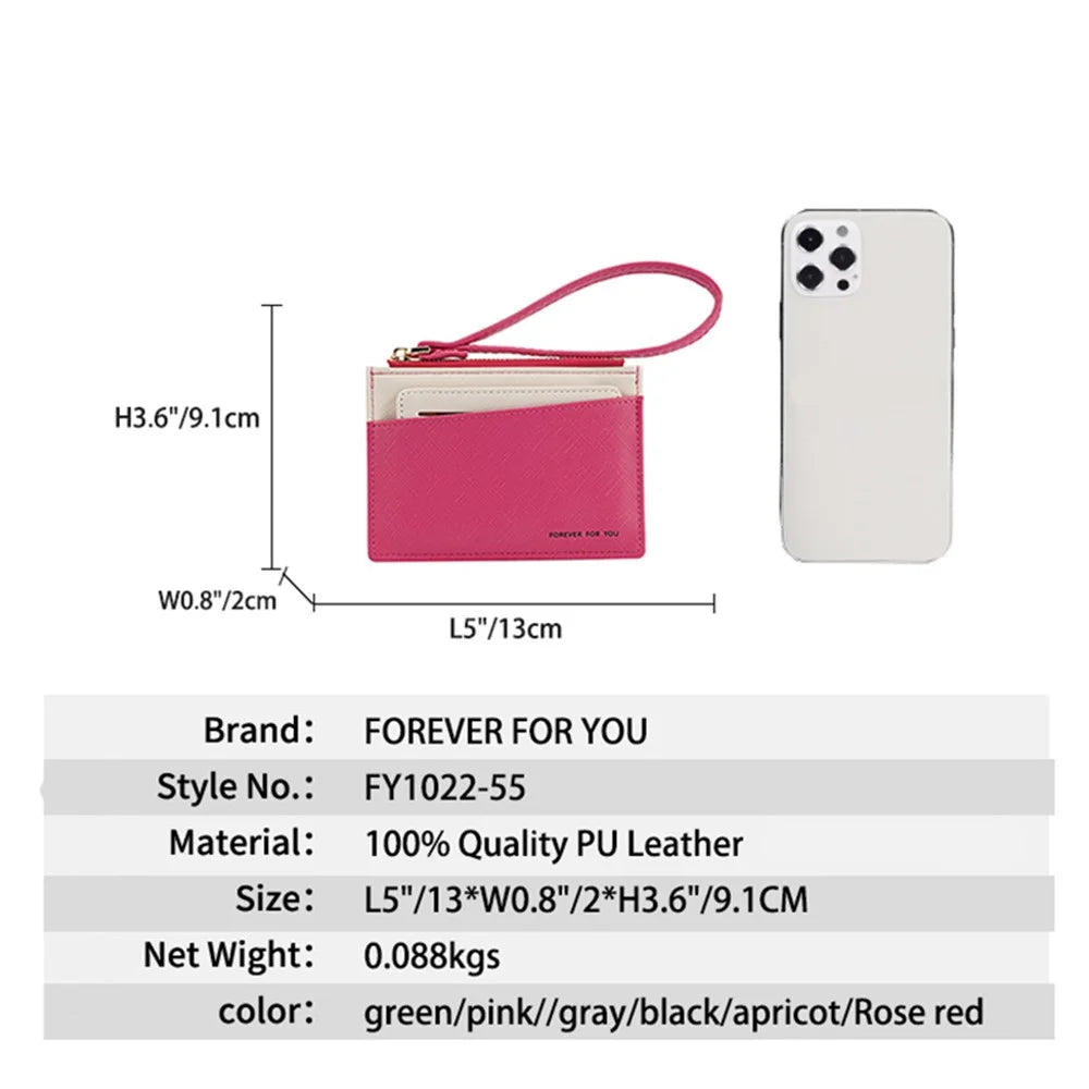 FFY FY1022-55 Solid Color Minimalist PU Leather Card Holder Zipper Coin Pocket Storage Bag with Hand Strap - Rose - 3