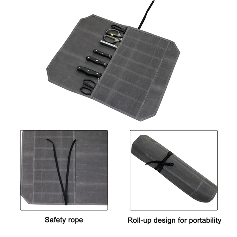 Waterproof Waxed Canvas Chef Knife Scissors Storage Pouch Roll Bag 7 Slots Carrying Case for Kitchen Knives Tools - Grey - 5
