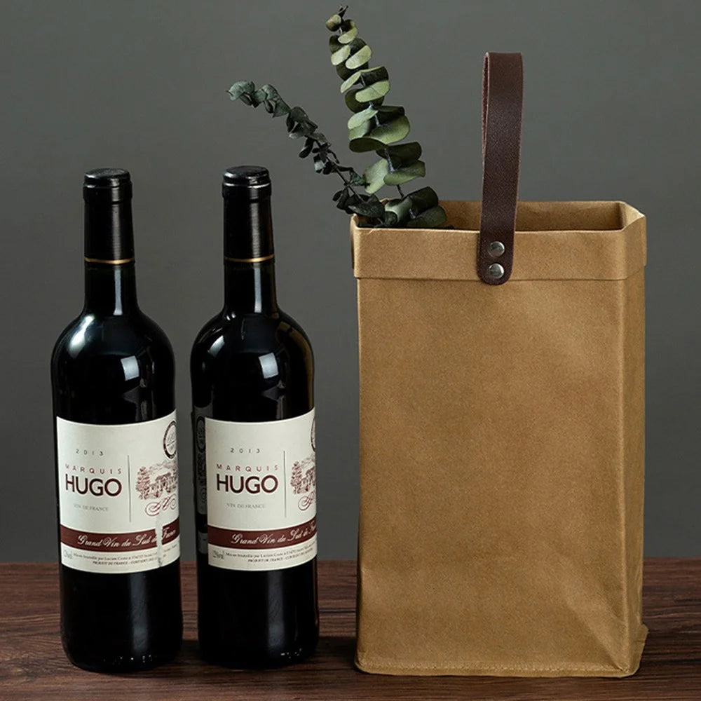 Reusable Premium Kraft Paper Wine Gift Bag with Handle, Wine Storage Bag for for Christmas Wedding Party - 3