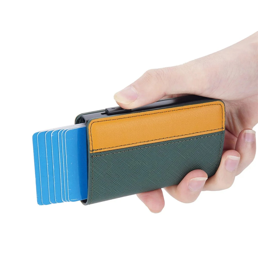 BAELLERRY K9221 Side Push Button Design Contrast Color Card Holder RFID Blocking PU Leather + Metal Credit Card Carrying Bag - Green - 6