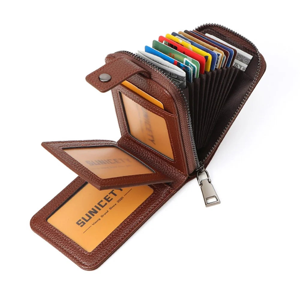 SUNICETY Litchi Texture PU Leather Card Holder Pouch Compact Size Bank Card Driver's License Storage Bag Wallet for Men - Brown - 3