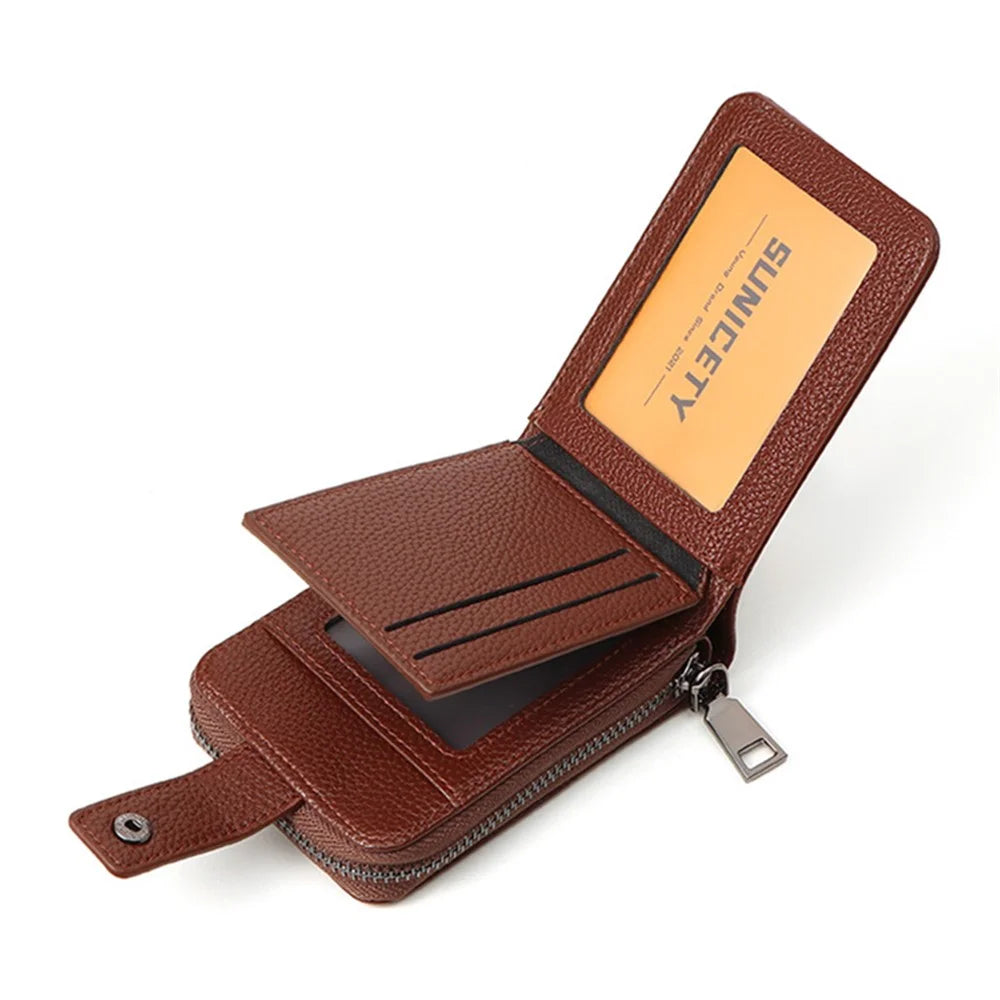 SUNICETY Litchi Texture PU Leather Card Holder Pouch Compact Size Bank Card Driver's License Storage Bag Wallet for Men - Brown - 5