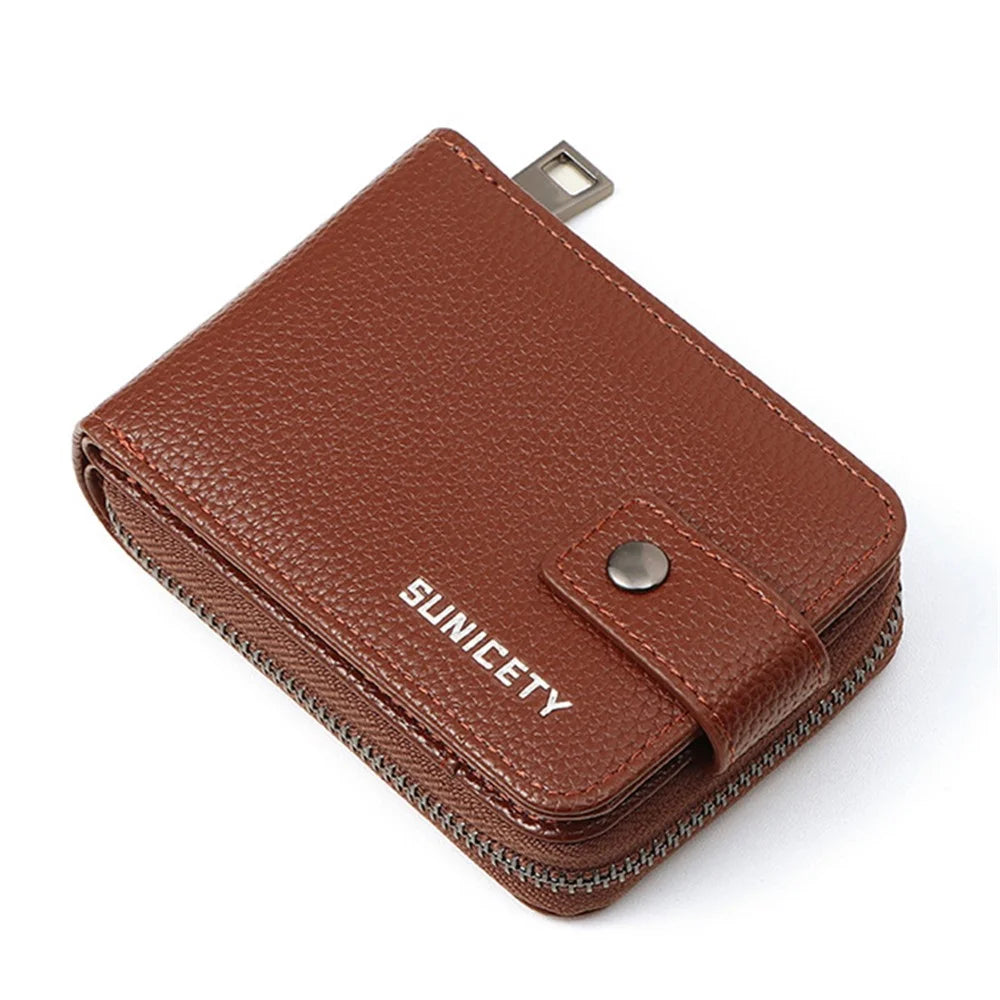 SUNICETY Litchi Texture PU Leather Card Holder Pouch Compact Size Bank Card Driver's License Storage Bag Wallet for Men - Brown - 6
