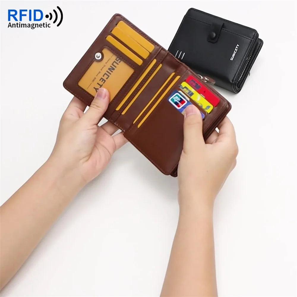 SUNICETY Business Style Wallet for Men, Anti-Scratch PU Leather RFID Blocking Cash Money Storage Pouch Card Carrying Bag with Multiple Card Slots - Coffee - 4