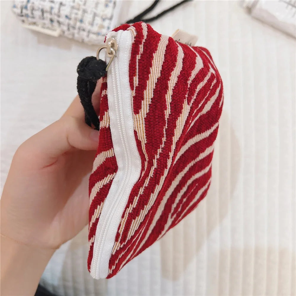 542 Canvas Coin Storage Bag Pouch Zipper Small Change Purse Card Key Holder Mini Wallet - Red Chenille - 4