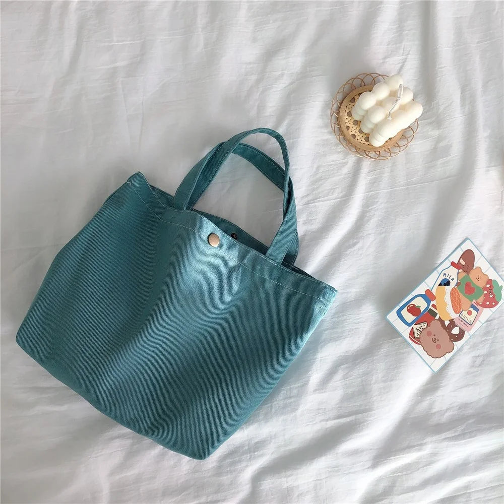 561 Solid Color Canvas Tote Bag Snap Button Small Handbag for Travel Shopping - Cyan - 2