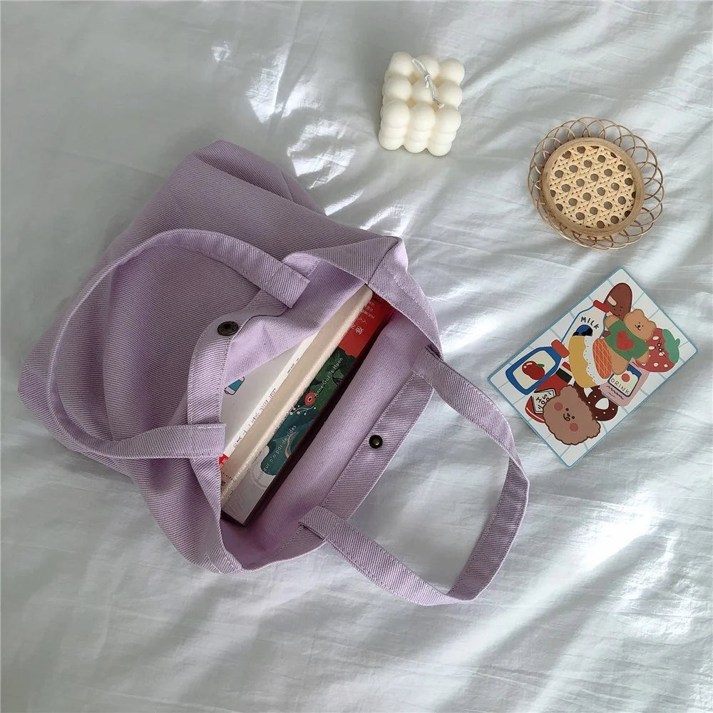 561 Solid Color Canvas Tote Bag Snap Button Small Handbag for Travel Shopping - Cyan - 6