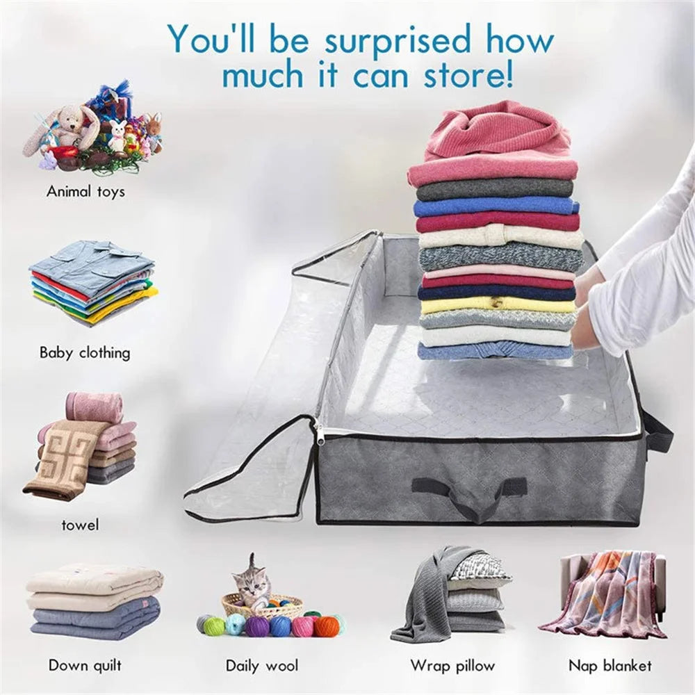 KZ-001001 3Pcs 100*50*15cm Foldable Under Bed Blankets Clothes Organizer Storage Bag Zippered Storage Bin with Transparent Window - Grey - 7