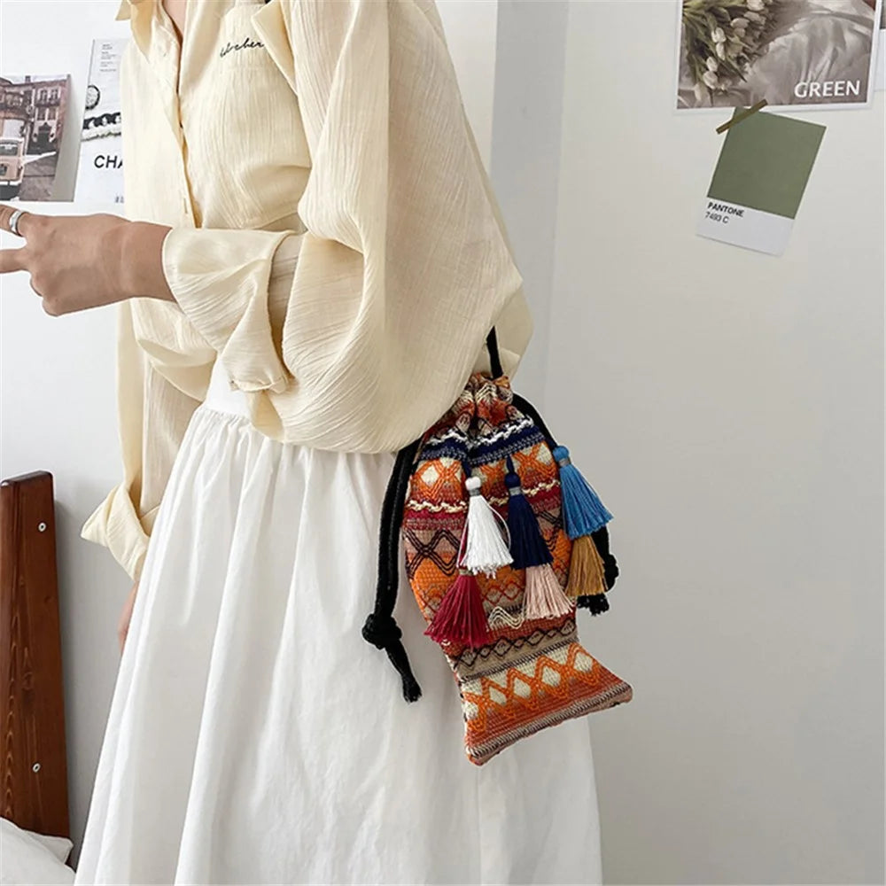 Ethnic Style Shoulder Bag for Women Braided Crossbody Bag Portable Mini Leisure Bag - Yellow - 3