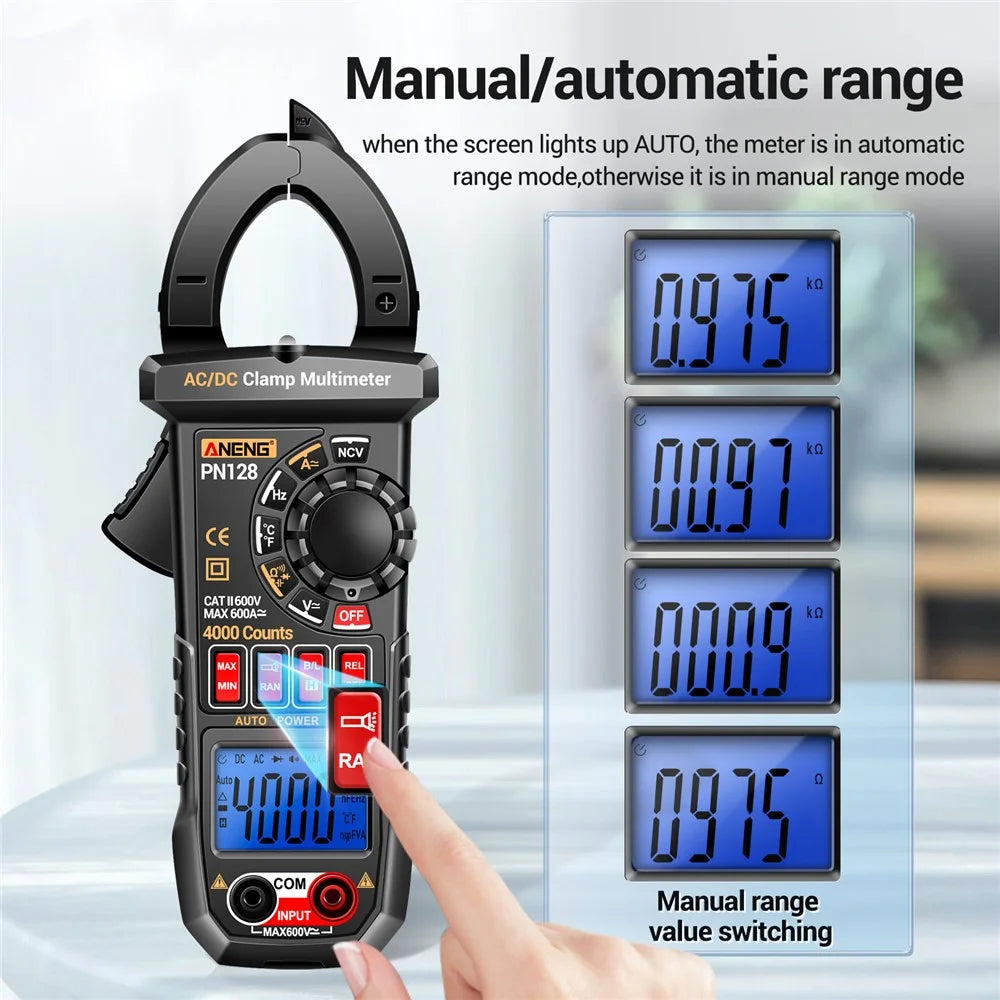 ANENG PN128 AC / DC Clamp Current Multimeter 4000 Count NCV Induction Measure Pliers Tester with Flashlight - Black - 5