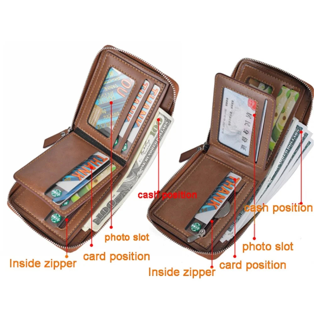 DEABOLAR Men Short Wallet RFID Blocking Vintage PU Leather Zipper Card Bag - Brown - 3