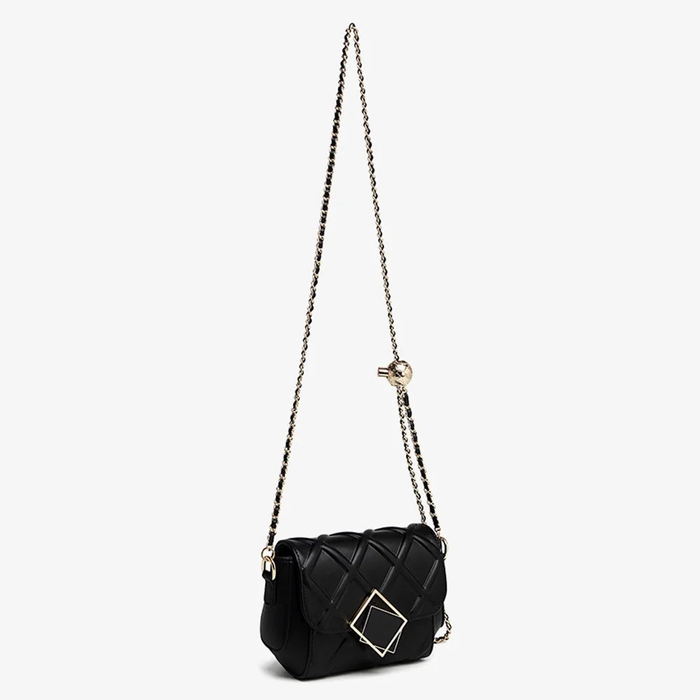 CKZC2236 Rhombus Crossbody Bag Top Layer Cowhide Leather Women Shoulder Bag with Chain Strap - Black - 3