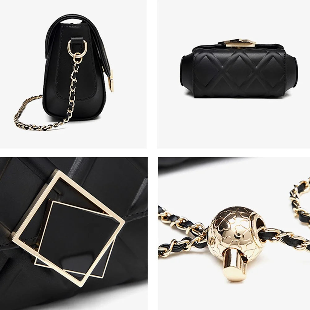 CKZC2236 Rhombus Crossbody Bag Top Layer Cowhide Leather Women Shoulder Bag with Chain Strap - Black - 5