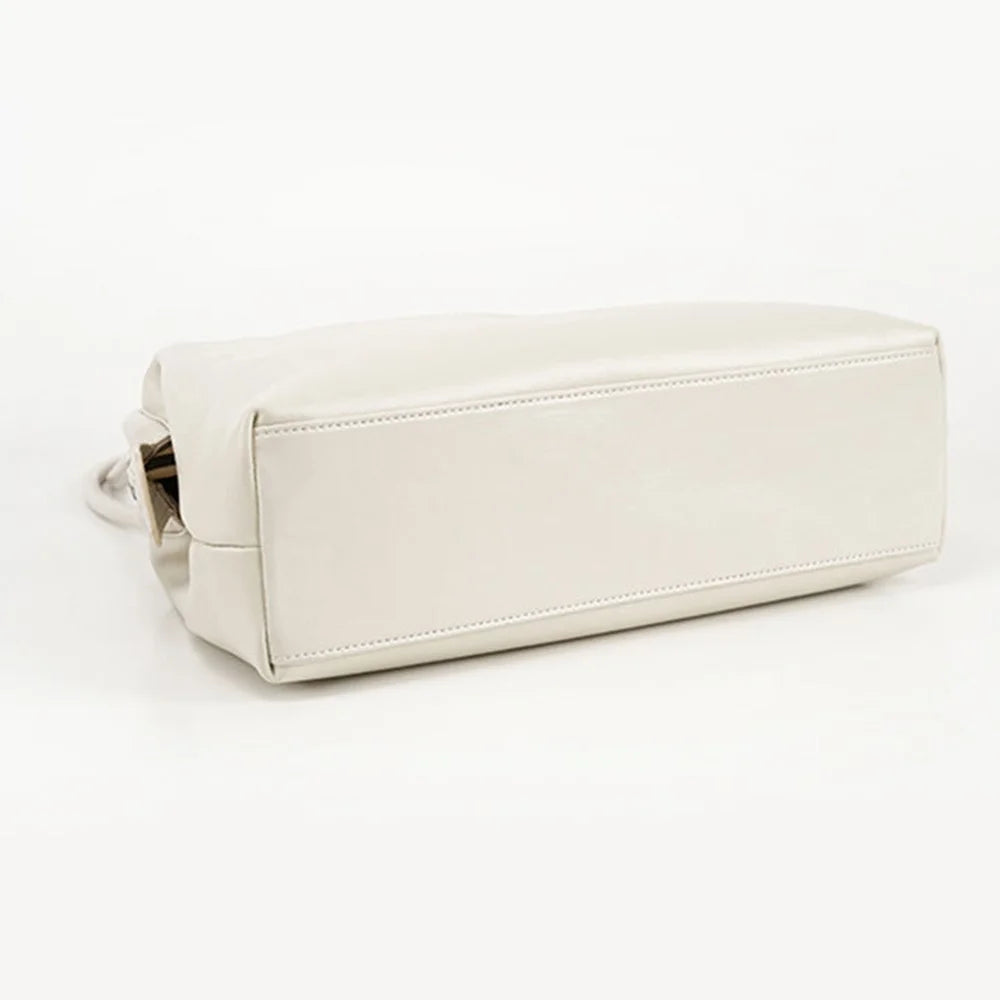 9665 Women Tote Underarm Bag Cowhide Leather Large Capacity Zipper Travel Handbag - White - 3