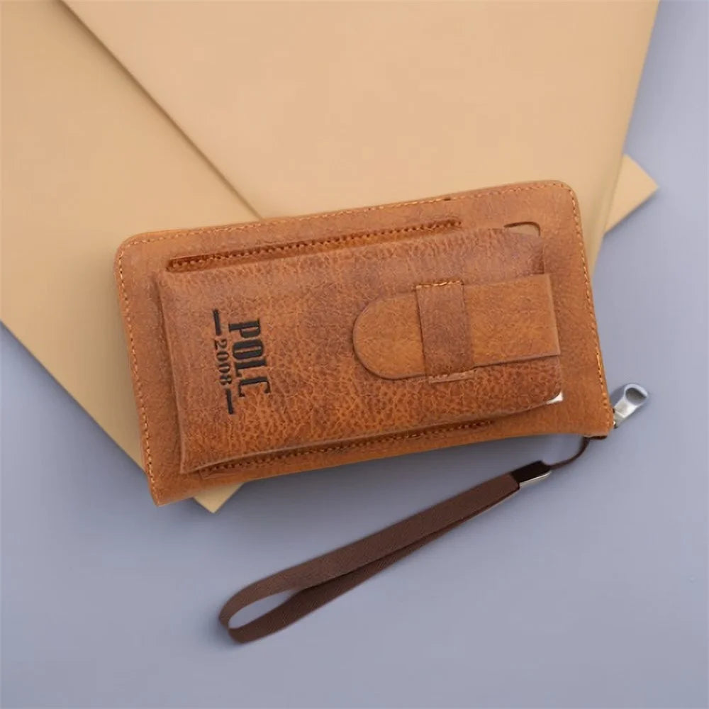 POLC PU Leather Zipper Design Wallet Coin Card Storage Holder Cash Cell Phone Organizer Pouch Wrist Clutch Bag - Light Brown - 2