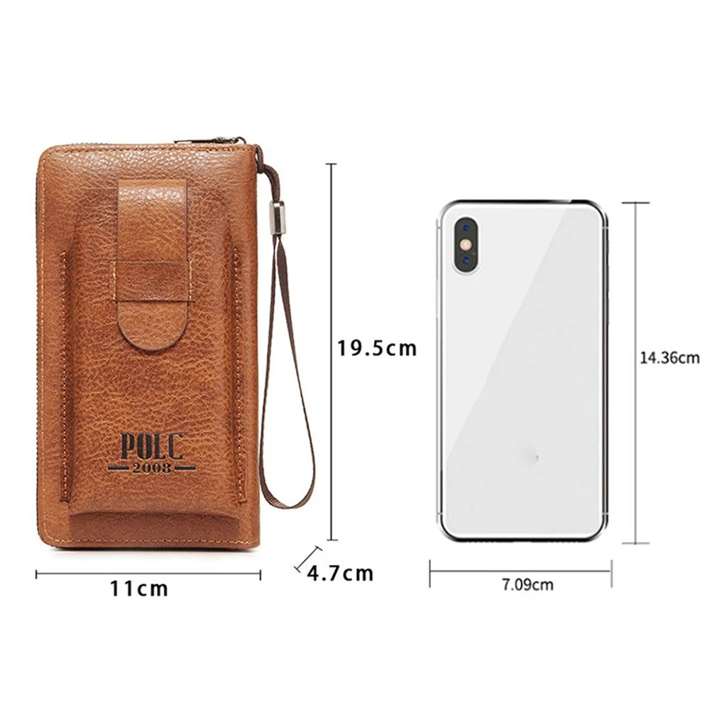 POLC PU Leather Zipper Design Wallet Coin Card Storage Holder Cash Cell Phone Organizer Pouch Wrist Clutch Bag - Light Brown - 4