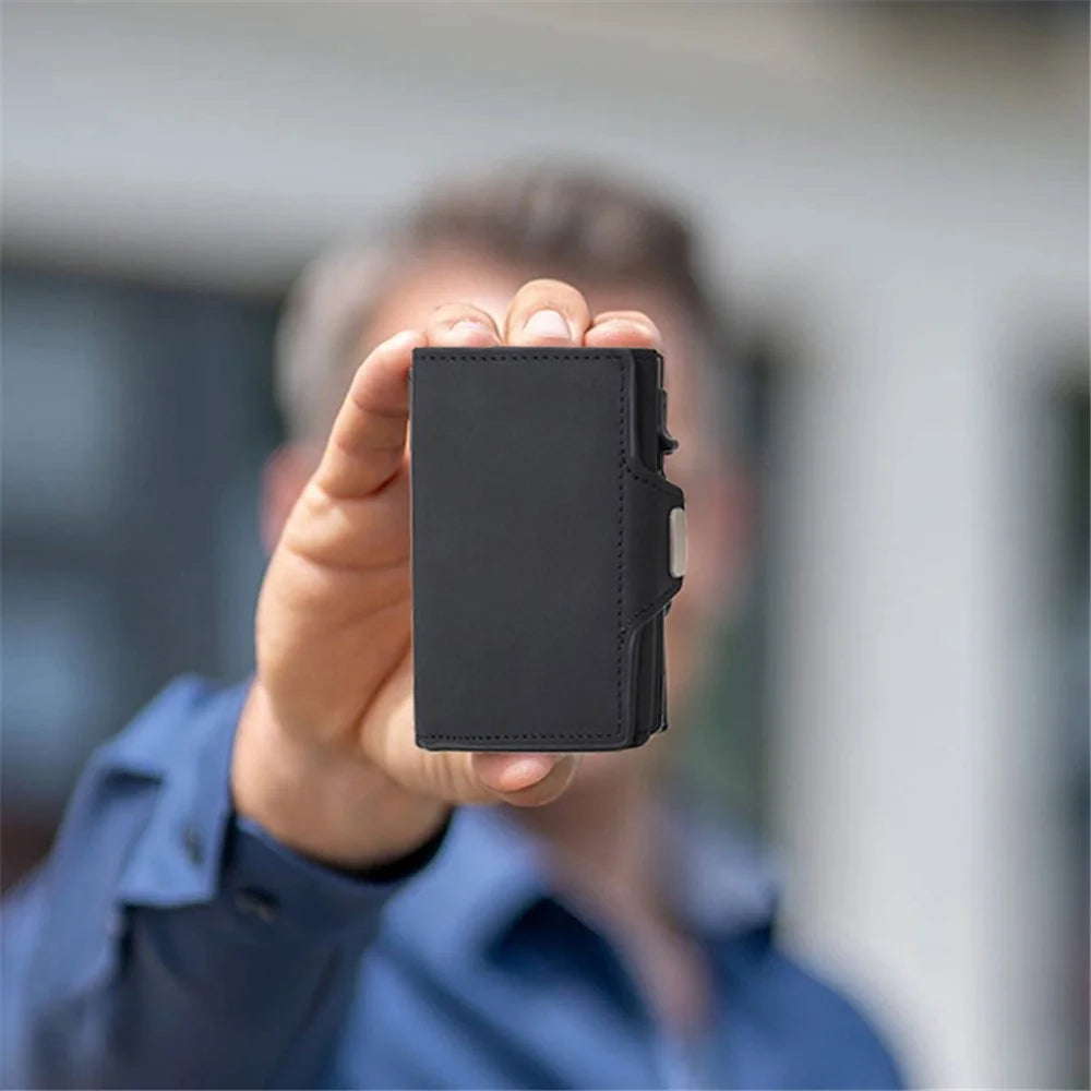 RFID Blocking Credit Card ID Card Holder Aluminum Alloy+PU Leather Card Pouch Case Wallet Billfold - Black - 4