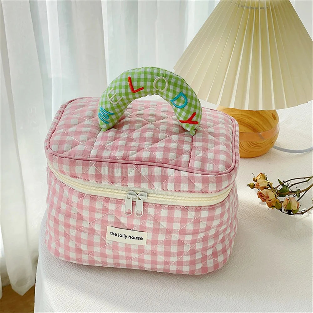 Lovely Grid Design Cosmetics Storage Bag Cloth Zipper Handbag Makeup Bag - Pink - 2