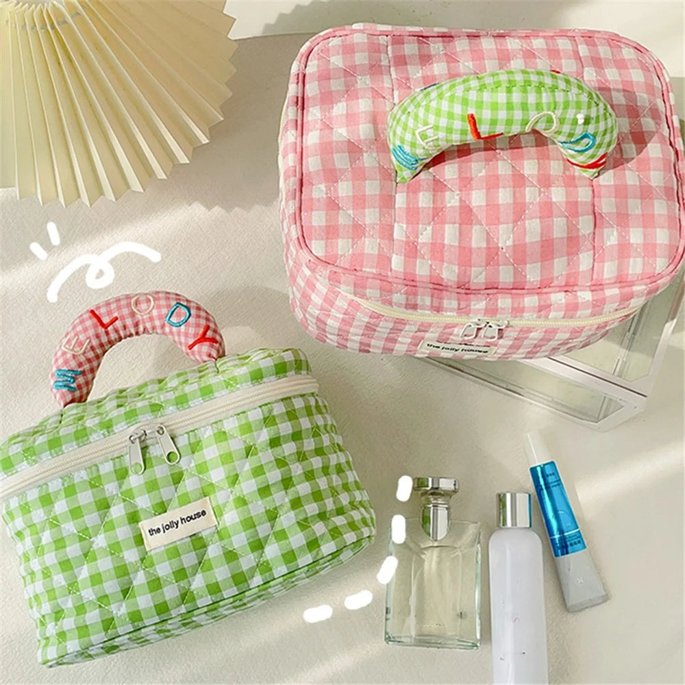 Lovely Grid Design Cosmetics Storage Bag Cloth Zipper Handbag Makeup Bag - Pink - 7
