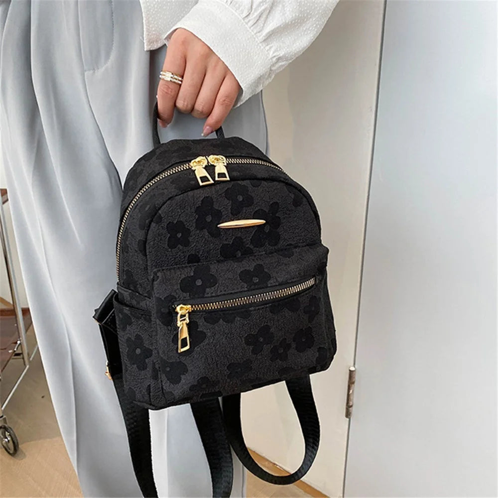 Lovely Flower Pattern Canvas Backpack Women Casual Small Dual Shoulder Bag - Black - 2