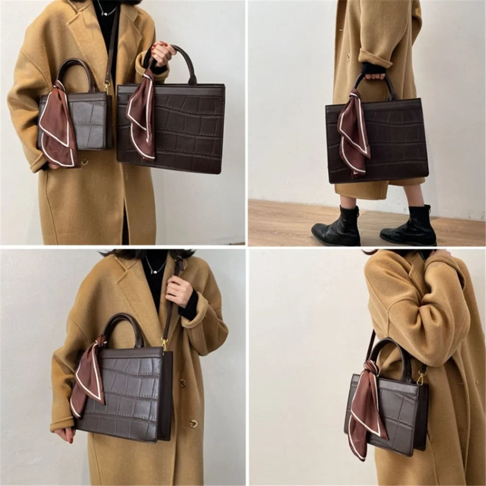 Women Square Tote Handbag Crocodile Texture PU Leather Crossbody Shoulder Bag with Scarf Decor, Size S - Black - 5