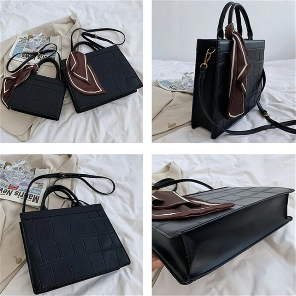 Women Square Tote Handbag Crocodile Texture PU Leather Crossbody Shoulder Bag with Scarf Decor, Size S - Black - 6