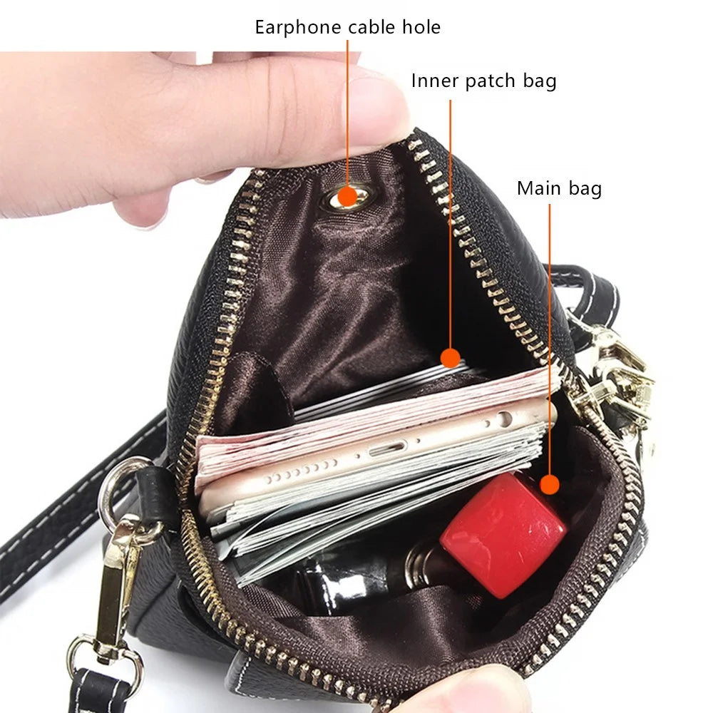 S9925 Cellphone Holder Small Crossbody Bag Top Layer Cowhide Leather Shoulder Bag - Black - 2